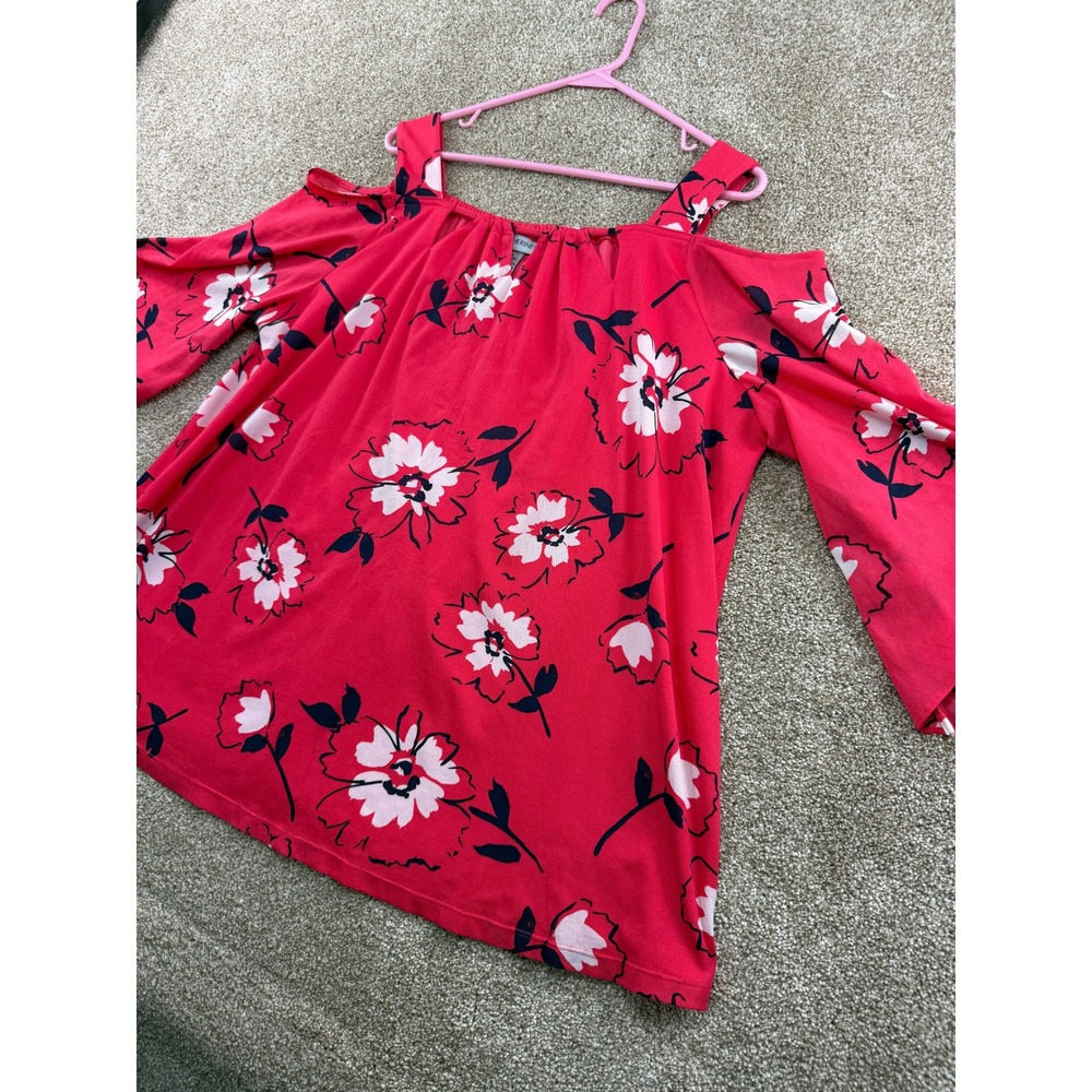 Catherines Womens 1X Red Floral Cold Shoulder Bell Sleeve Blouse Top 18 20W Plus